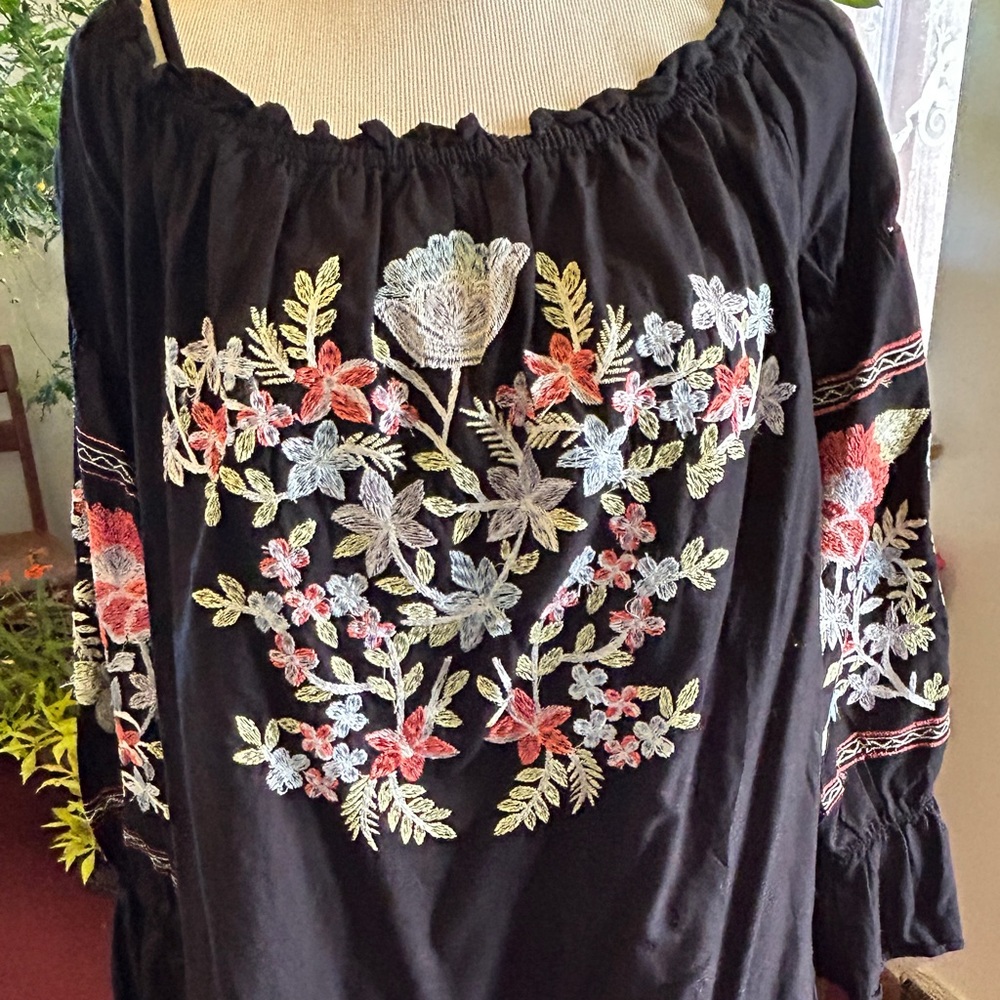 Free People Black Embroidered Drop Shoulder Dress Top Large - New with tags